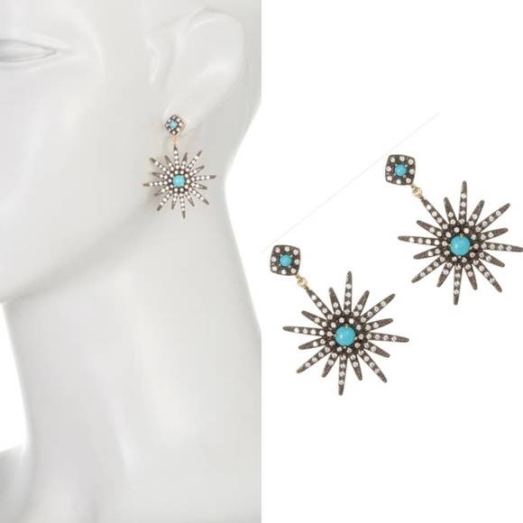 Adornia 14k Gold Plated Swarovski Crystal Turquoise Starburst Earrings - Picture 1 of 6